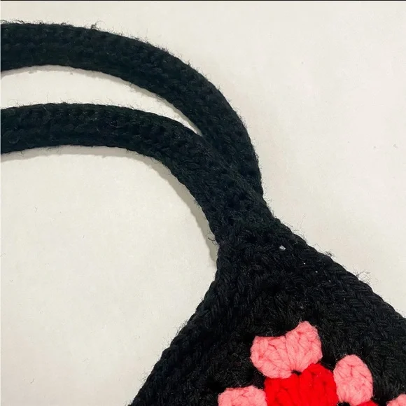 Vintage Crochet Rainbow Granny Square Small Tote Bag with Lining and Pocket - Picture 5 of 7